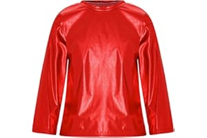 Mufeng Kids Boys Girls Shiny Metallic Long Sleeve Hip Hop Dance T-Shirt Round Neck Sports Shirts Tee Dancewear Sportwear