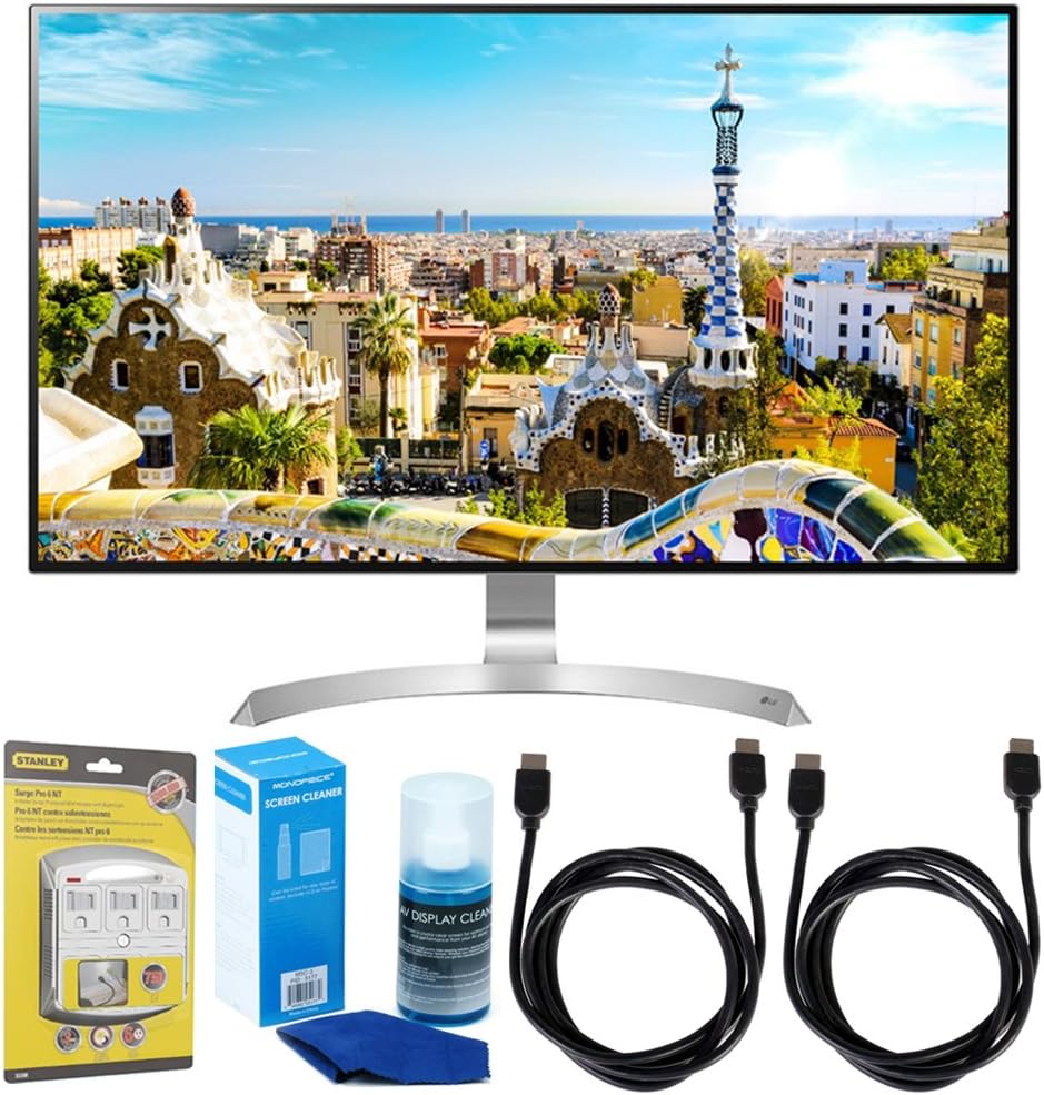 LG (32UD99-W 32" Class 4K UHD IPS LED Monitor with HDR10 w/Accessories Bundle Includes, SurgePro 6-Outlet Surge Adapter with Night Light, 2X 6ft. HDMI Cable & Screen Cleaner for LED TVs