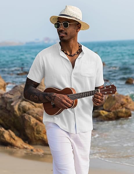 URRU MEN’S SHORT SLEEVE LINEN SHIRT BAND COLLAR BUTTON DOWN SHIRTS SUMMER BEACH SHIRT WHITE L