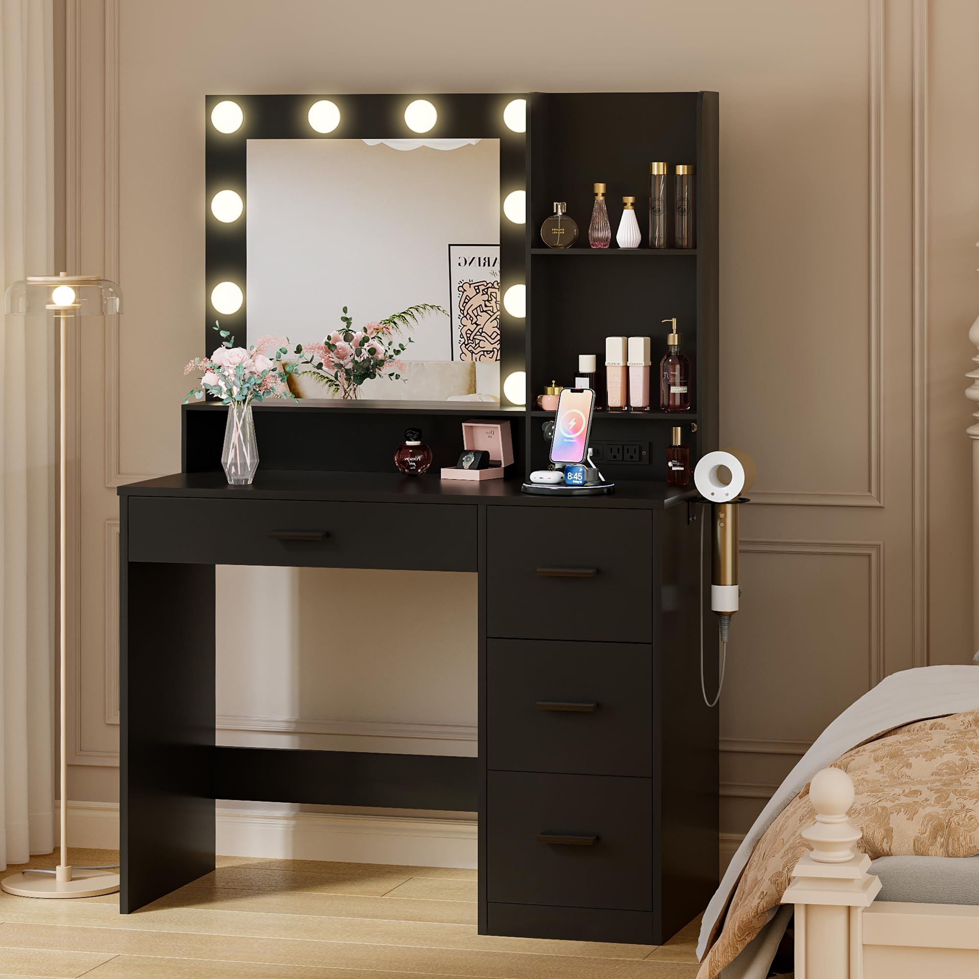 Photo 1 of **FOR PARTS ONLY**
JUMMICO 39" Vanity Desk with Mirror & Power Outlet, 10 Lights, Makeup Vanity Table with 4 Large Drawers and 3 Storage Shelves, 3 Model Adjustable Lights for Bedroom & Dressing Room (Black)