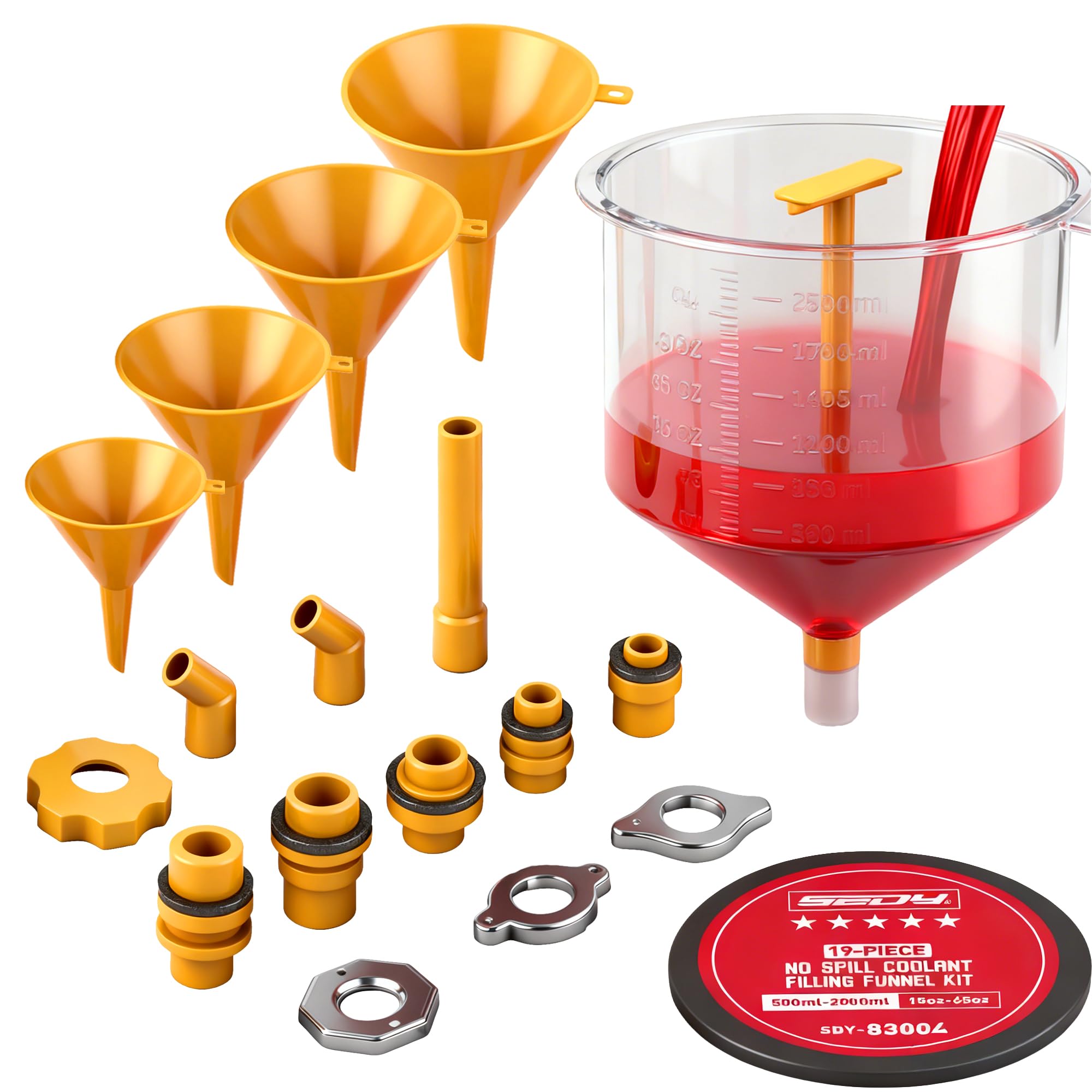 Photo 1 of Ultimate No Spill Coolant Funnel Kit - 19-Piece Spill-Free Radiator Funnel Set, Spill Proof Radiator Bleeder Kit, Coolant Filling, Radiator Filler, Extra Funnels and Adapters for Universal Vehicle