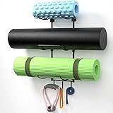 Suchek Yoga Mat Holder Wall Mount, Wall Rack Storage for Yoga Mat, Yoga Tiles, Foam Roller, with 3 Hooks for Hanging Yoga Str
