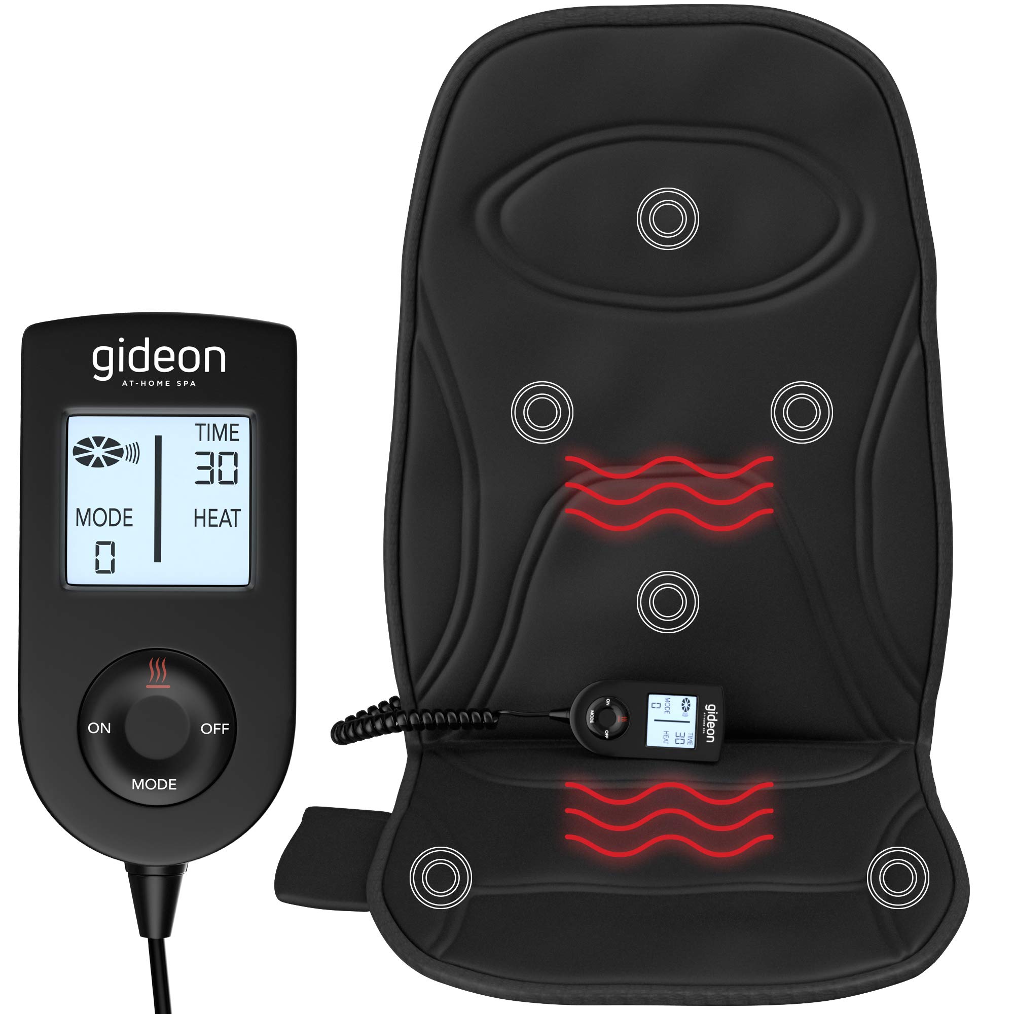 Gideon Powerful Vibrating Massager Seat Cushion for Back, Shoulder and Thighs with Heat Therapy / 8-Massaging Programs - Massage, Relax, Sooth and Relieve Thigh, Shoulder and Back Pain