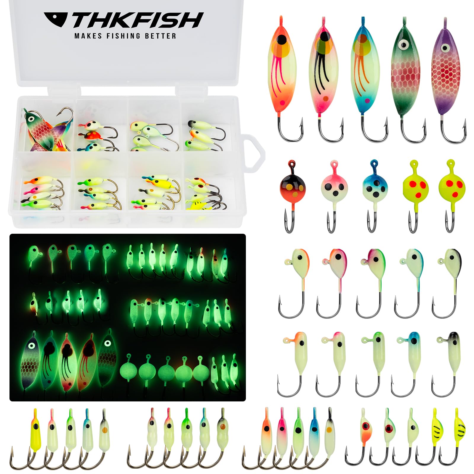 THKFISH Ice Fishing Jigs Ice Fishing Lures Ice Fishing Gear Ice Small Fishing Tackle Kit Crappie Panfish Jigs A-40pcs