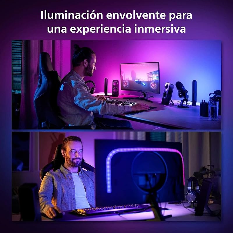 - Tira de luces led inteligente Hue Play Gradient para PC, 24-27", Luz Blanca y de Colores, sincroniza con el contenido de la pantalla