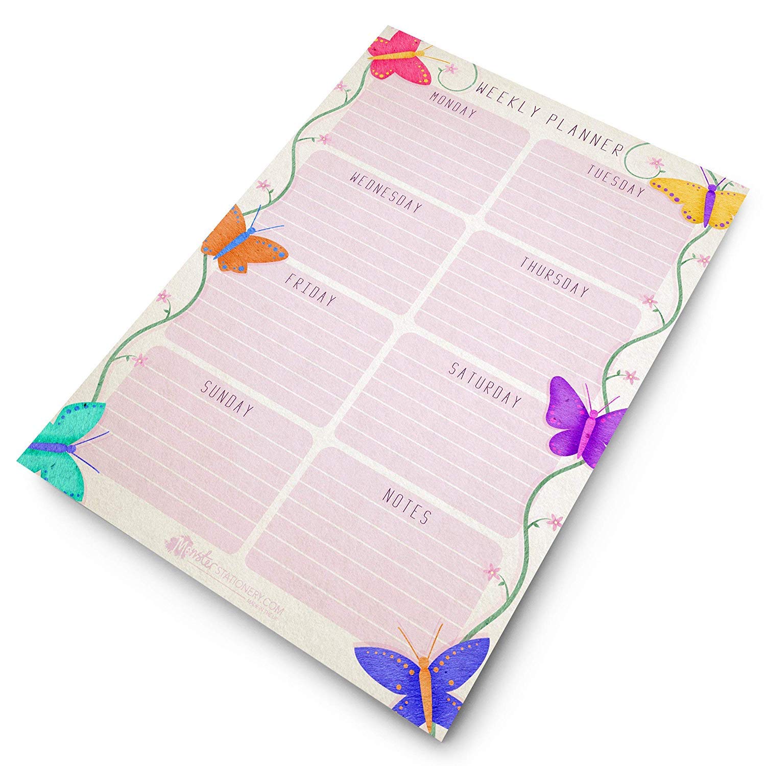 Monster Stationery - Butterfly Design - A4 Weekly Planner/Things to Do Today/Desk Schedule/to Do Pad - 60 Sheet - 80gsm - Made in UK