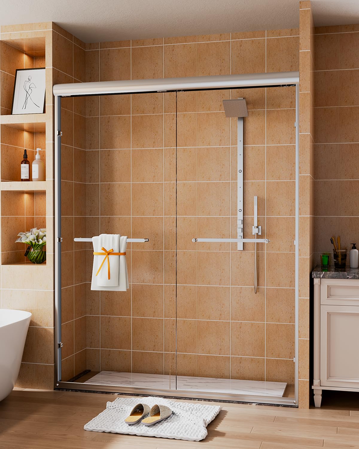 Photo 1 of --FACTORY SEALED--Sliding Shower Door 56-60" W x 72" H, Bathroom Sliding Door,Double Sliding Glass Shower Door, 1/4-Inch (6mm) Clear Tempered Glass, Easy Install Frameless Shower Doors for Walk-in Shower (Chrome) --FACTORY SEALED--