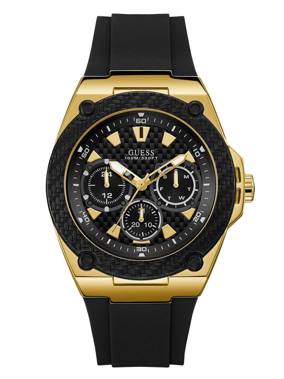 GUESS Cómodo reloj de silicona negro resistente a las manchas con día en tono dorado, fecha + hora militar/internacional de 24 horas. Color: Negro (Modelo: U1049G5)