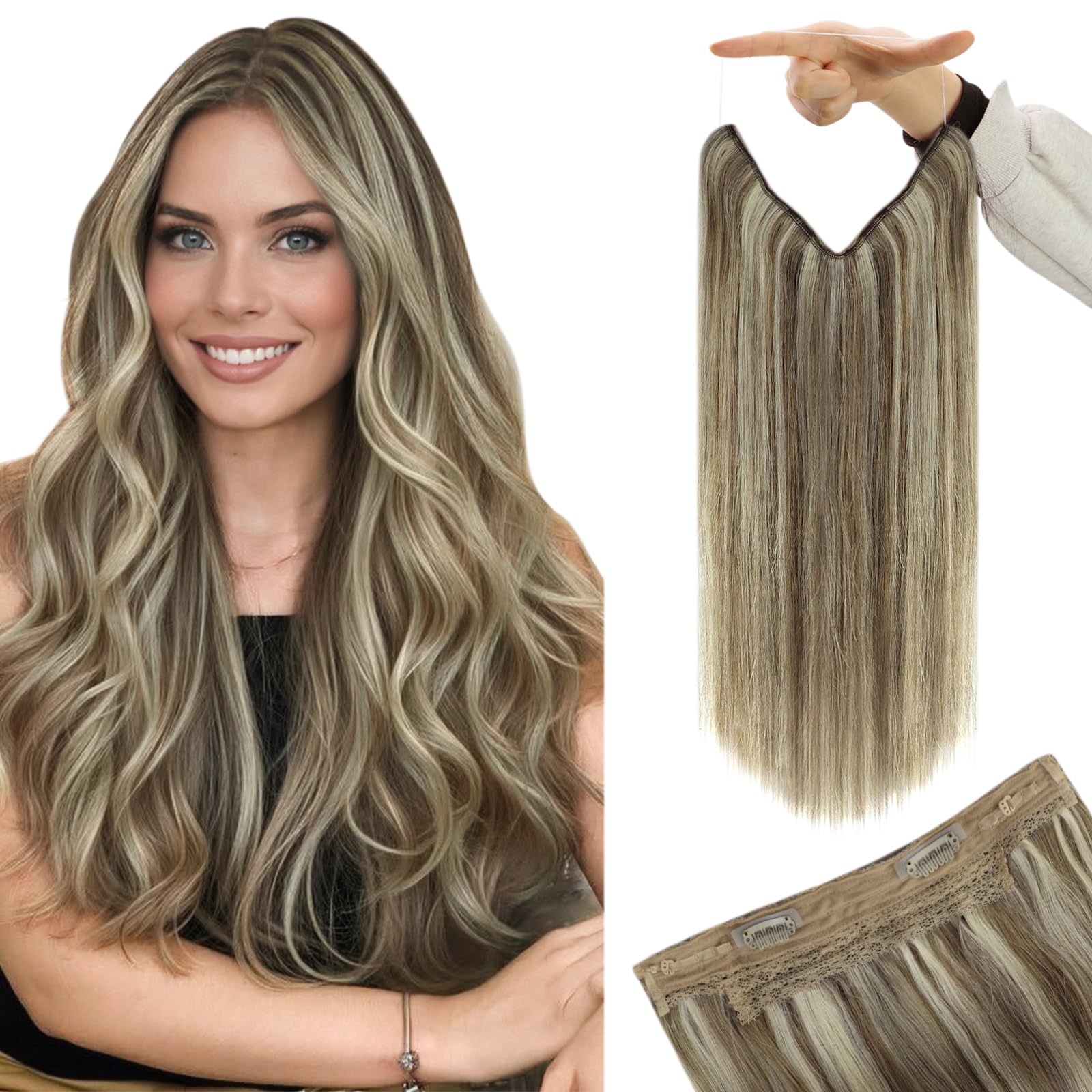 YoungSee Wire Hair Extensions Brown 18inch Secret Wire Real Human Hair Extensions Light Brown Highlights with Blonde Invisible Wire Human Hair Extensions for Girls 80g One Piece — image 1