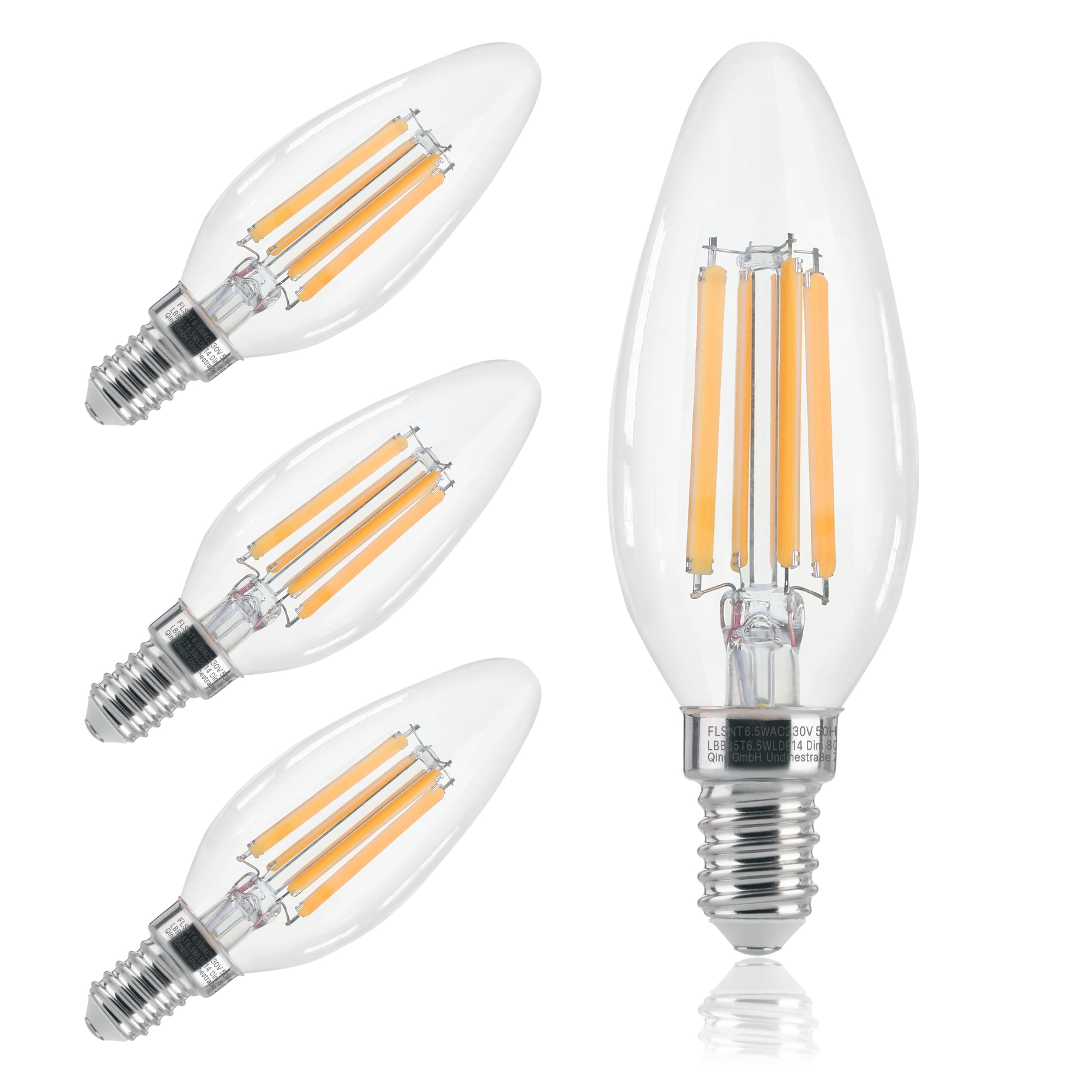 FLSNT E14 LED Light Bulb 60W Equivalent, 6.5W C35 E14 Dimmable Bulb, Candle Bulbs Small Screw 2700K Warm White, 806LM, Clear Glass, Pack of 4