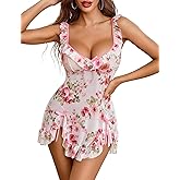 Avidlove Sexy Bow Split Side Ruffle Mesh Babydoll Lingerie Dress with Thong 2 Piece