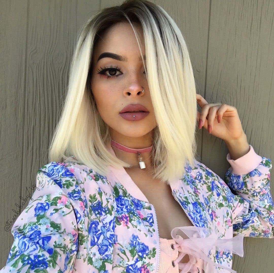 Xiweiya Short Blonde Bob Wig 613# Synthetic Lace Front Wig with Dark Root, Middle Part, 14 inch