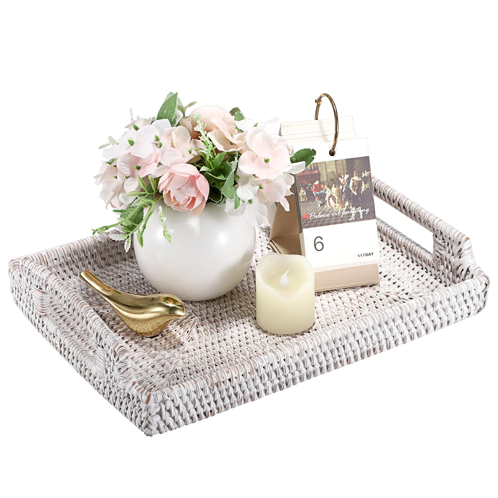 IGNPION Rattan Serving Tray Home Bathroom Guest Towel Decorative Display Woven Table Storage with Handle Desktop Organiser for Tableware, Kitchen, Ornament, Whitewash, 34x24cm (IGPUK0673)