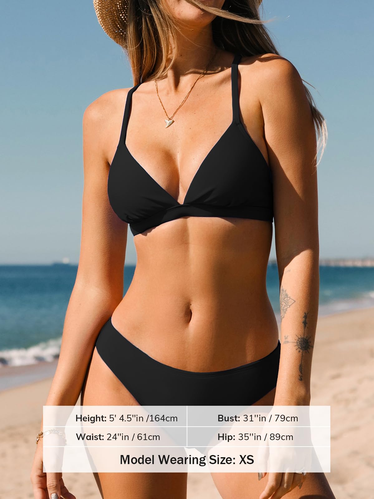 CUPSHE Bikini Set for Women Two Piece Swimsuits V Neck Low Rise Crisscross Back Self Tie Spaghetti Straps,M Black - Image 3