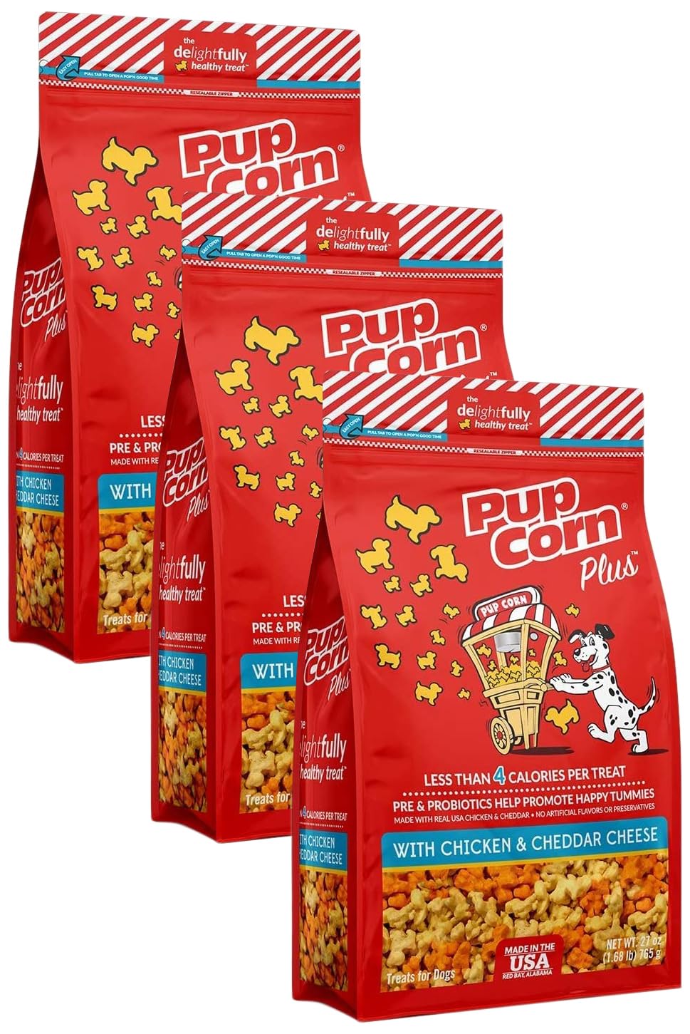 Pupcorn Plus – Puffed Dog Treats with Prebiotics and Probiotics – Chicken and Cheddar Cheese (4oz) – Made in USA (Pack of 3)