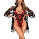 RSLOVE Sexy Womens Lingerie Set - 2 Piece Lace Kimono Robe with Lace Teddy Lingerie Bodysuit Sexy