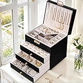 Vandozis Leather Jewelry Box with Lock for Women, 4-Tier 3-Drawer Jewelry Organizer, Large Capacity Vanity Storage Case for Earrings Rings Necklaces, Gift for Her (Black)