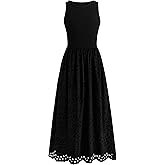 dowerme Women Summer Dresses 2026 Casual Sleeveless Crewneck A-Line Boho Lace Eyelet Cotton Tank Maxi Dress with Pockets