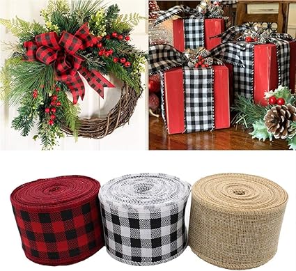 YEKKU 3 rollos/juego de cinta de arpillera de cuadros navideños, cinta