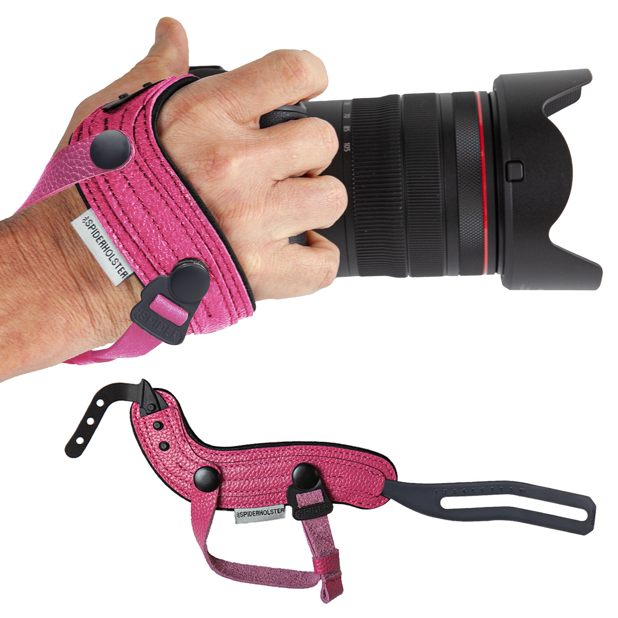 Spider Holster - SpiderPro Camera Hand Strap v2 with Snap Assembly and Optional Wrist Strap – DSLR and Mirrorless Compatible (Pink) - Genuine Leather + Memory Foam
