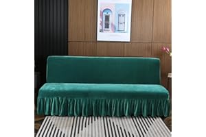 SFYZ HOME Velvet futon Cover,Armless Soft Plush Futon slipcover with Ruffle Skirt,Stretch Futon Sofa Bed Cover for Home Office Hotel (Dark Green,M:58-66in)