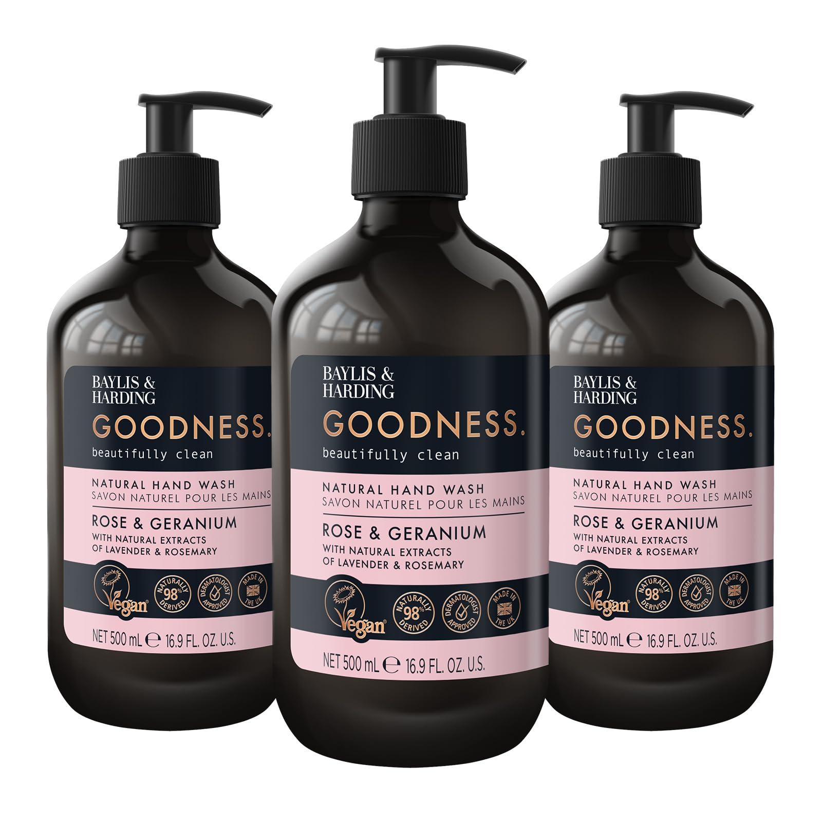 Baylis & Harding Goodness Rose & Geranium Natural Hand Wash, 500 ml (Pack of 3) - Vegan Friendly
