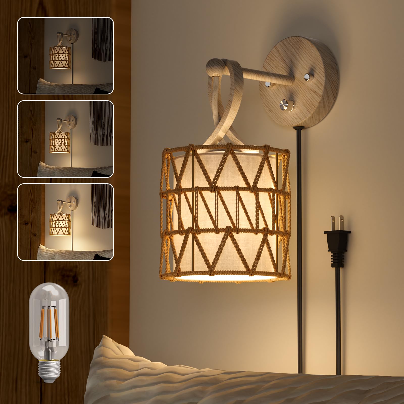 Photo 1 of N12-1 Boho Rattan Wall Sconces - 0-100% Dimmable Paper Cord Wall Mounted Light Fixtures with Woodgrain, Linen Shade & E26 Bulbs for Bedroom Living Room Indoor Wall Lamps Decor, Plug in or Hardwired
