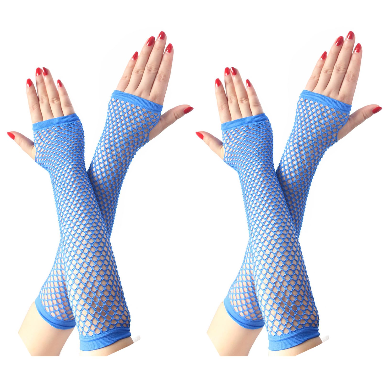 COSFAN 2 Pairs Fishnet Gloves Women Fingerless Long Gloves Elastic Mesh Glove 1920s Hollow Gloves for Evening Party Halloween (Blue)
