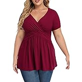 TIANZHU Women's Plus Size Dressy Tops Wrap Shirt Short Sleeve Tunic Top V Neck Low Cut Cute Blouse