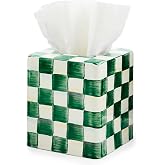 MACKENZIE-CHILDS Tissue-Box Cover, Green-and-White Emerald Check, Square | Hand-painted design, made from enameled steel, tissue holder for home decor, 5" square x 5.25" H
