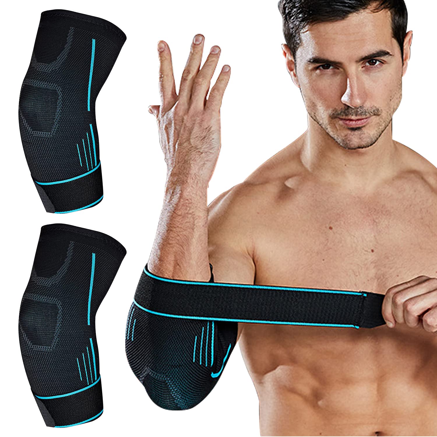 Powerful 2 Pack Elbow Brace with Strap, Tennis Elbow Brace Elbow Support Women Men Arm Supports Compression Sleeves for Weightlifting Golfers Gym（L）