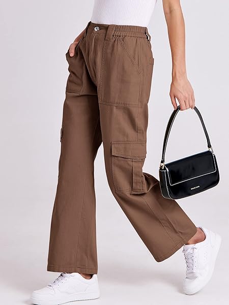 ANRABESS WOMEN’S CARGO PANTS HIGH WAISTED BAGGY MULTIPLE POCKETS CASUAL TRENDY FASHION RELAXED FIT Y2K TROUSERS BROWN MEDIUM