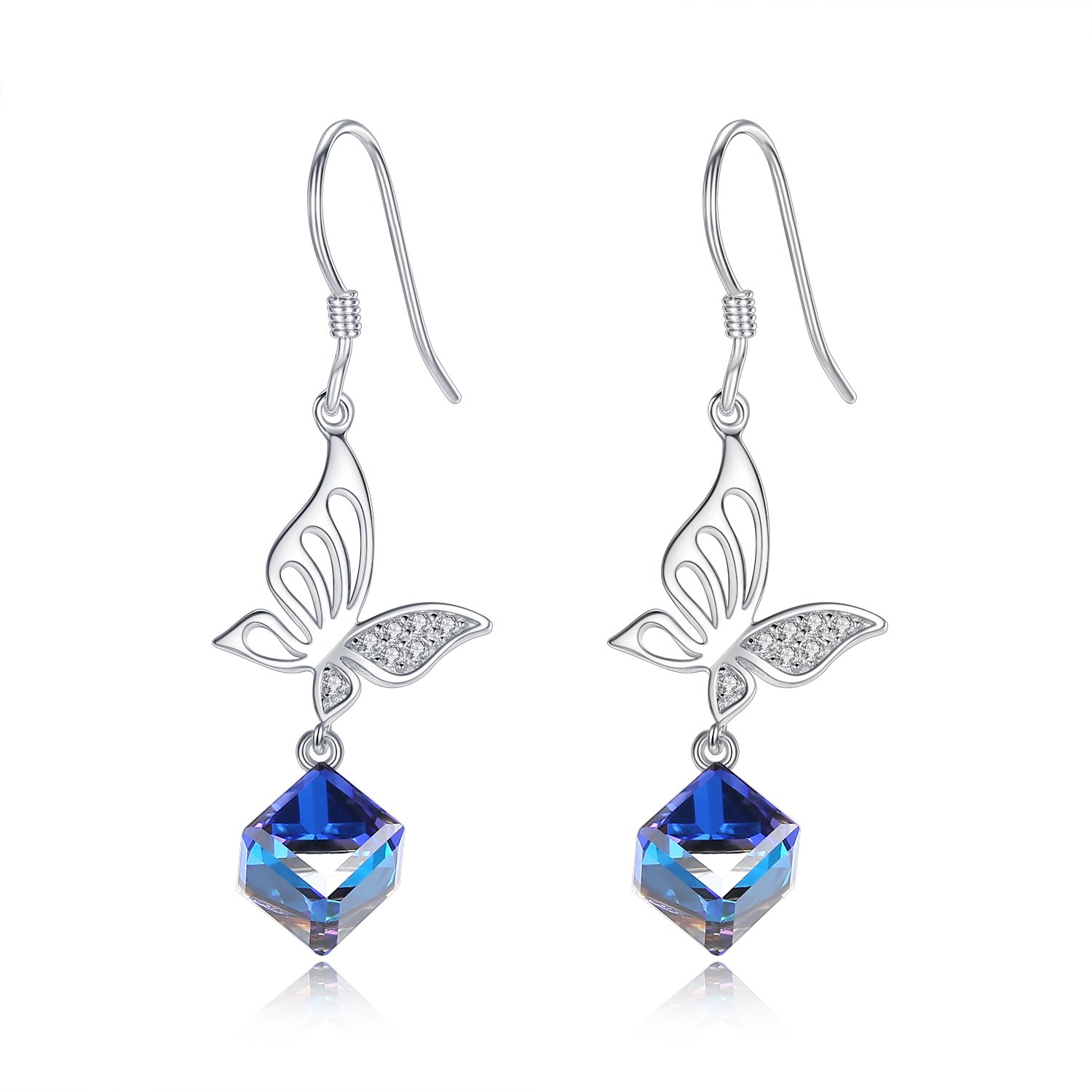 925 Sterling Silber lange Schmetterlings-Ohrringe Blau Kristall Tropfen Baumeln Ohrringe für Damen Schmuck Geschenk