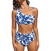 CUPSHE Women's Bikini Sets Two Piece Swimsuit High Waisted Drawstring Asymmetrical Neck Shirred Bathing Suits