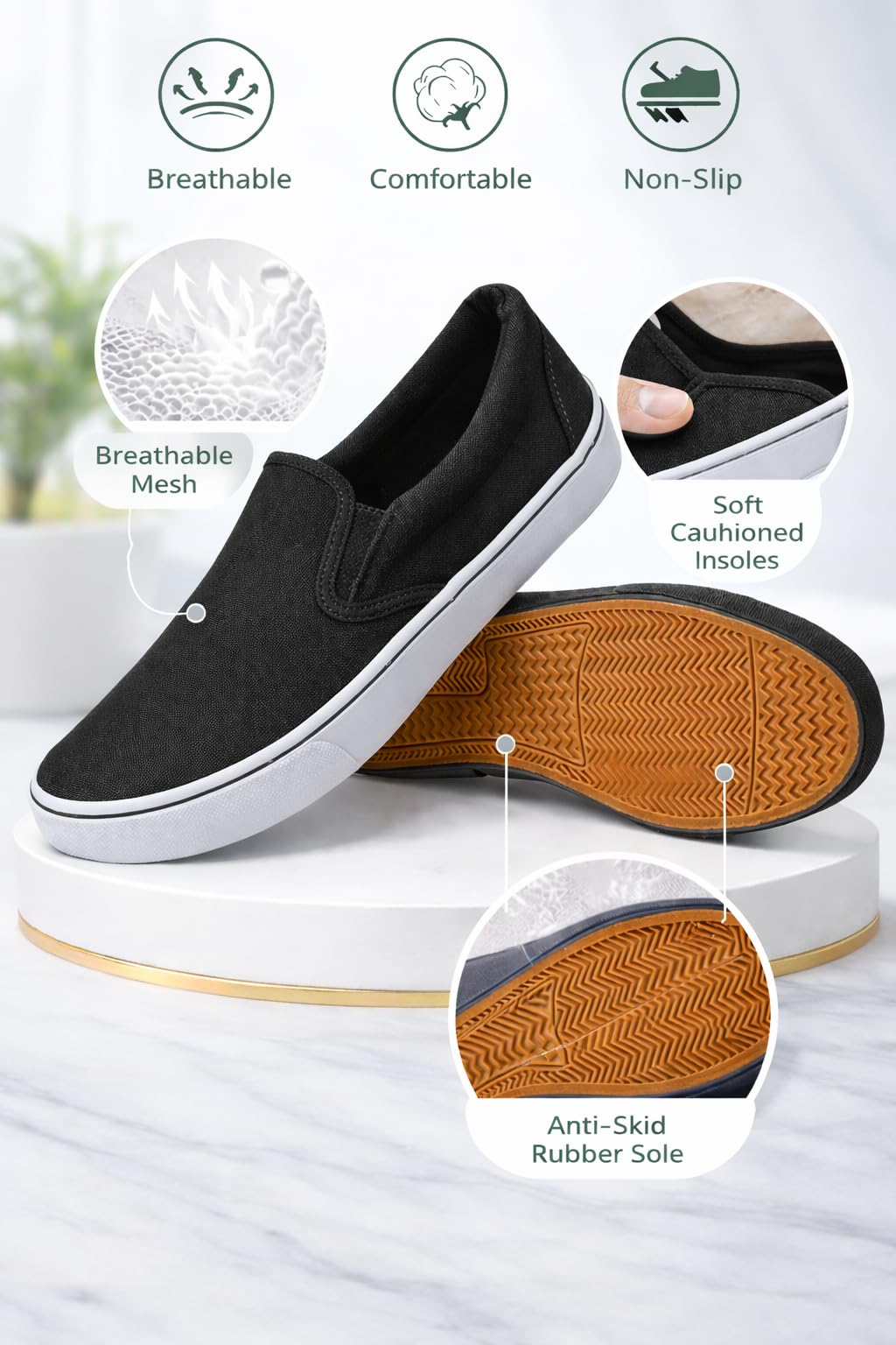 Emma Shoes Low-Top Slip Ons Women's Fashion Sneakers Casual Canvas Sneakers for Women Comfortable Flats Breathable Padded Insole Slip on Sneakers Women Low Slip on Shoes, Black, 8