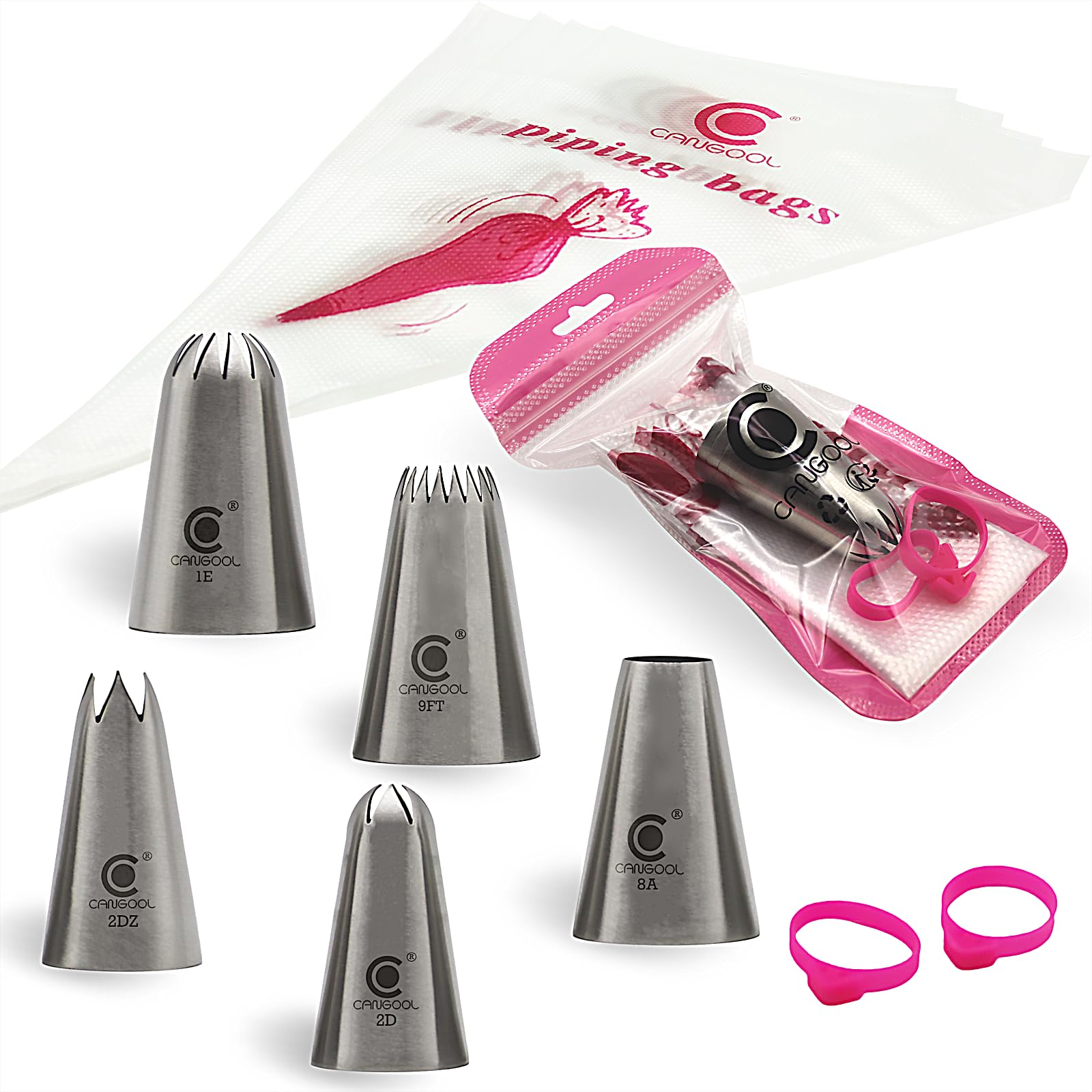 Cangool Icing Nozzle Large Set Pattern #1E #2D #2DZ #9FT #8A - Perfect Addition to Icing Bags with Nozzles - Large Creations Made Easy