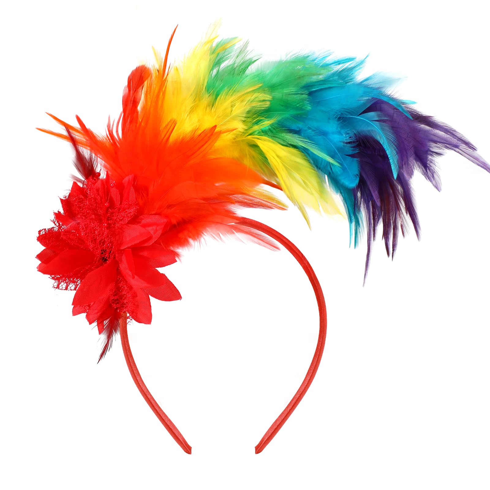 MWOOT Feather Headband, 1920s Feathered Headpiece, Rainbow 20s Fascinators for Women, Artificial Flower Feather Headwear, Hair Accessory for Pride Parade Carnival Prom Party