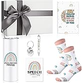 Patelai 7 Pcs Speech Therapist Gift for Women Christmas Speech Language Pathologist SLP Appreciation Gift Set with 16 oz Tumbler Notebook Pen Keychain Socks Greeting Card Box for Pathology Therapy