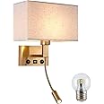 Moon rural Bedroom Wall Sconces, Hardwired Wall Lamp with USB and Reading Lamp Fabric Shade Bedside Wall Lights with Reading Lamp for Bedroom Living Room Hotels Corridors (Brass)