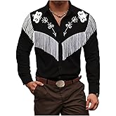BEAUDRM Men's Vintage Western Cowboy Shirt Floral Fringe Shirt Long Sleeve Button Down 70s Hippie Top Cowboys Costume