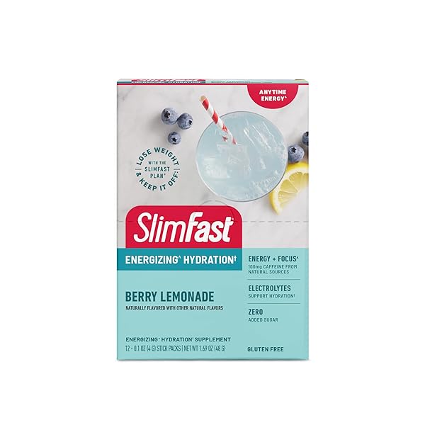 SLIMFAST HYDRATION PACKETS, INTERMITTENT FASTING ELECTROLYTES, DRINK MIX PACKETS, INTERMITTENT FASTING POWDER, ENERGY POWDER DRINK MIX, CAFFEINE, ELECTROLYTES FOR HYDRATION, BERRY LEMONADE (12 COUNT)