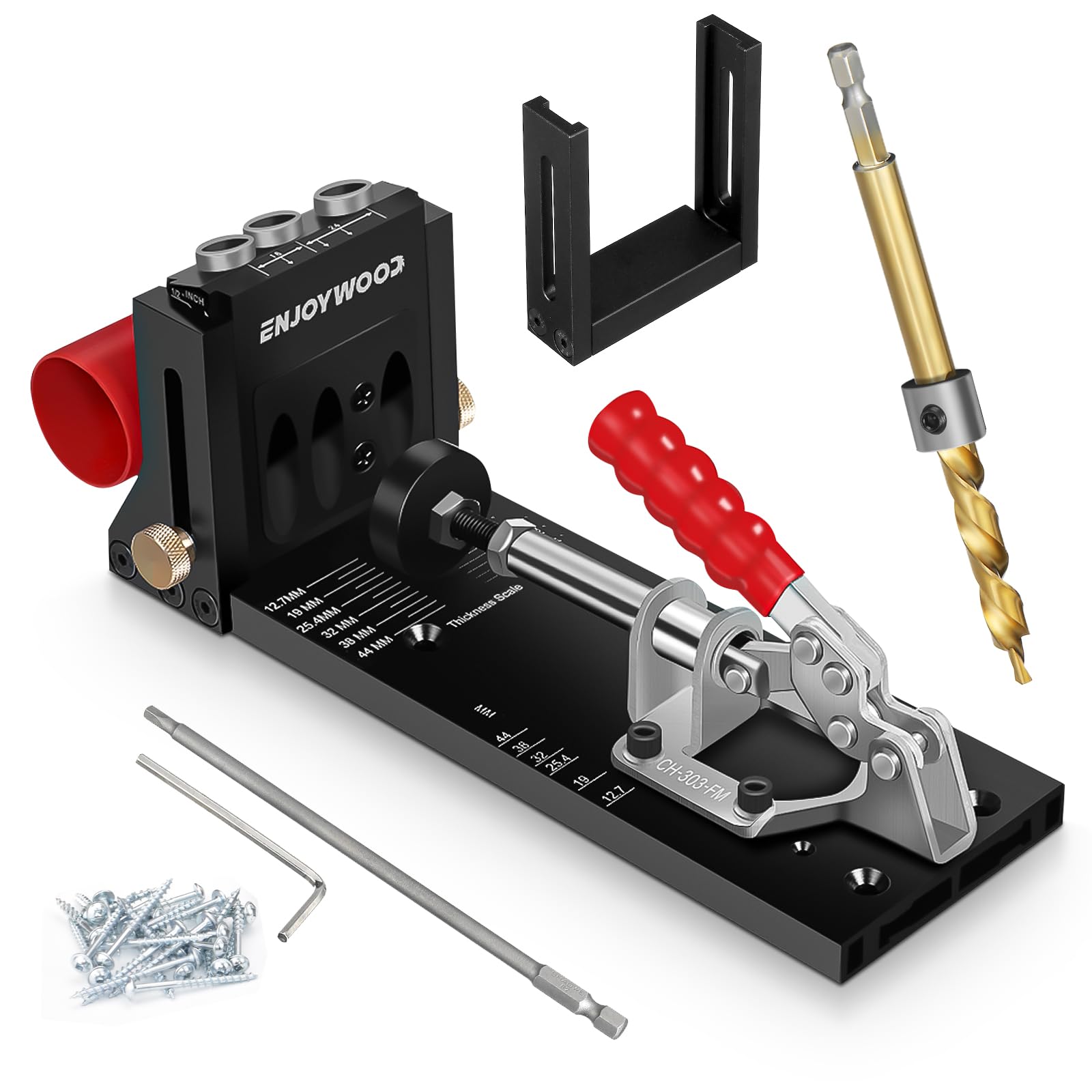 Pocket Hole Jig Kit ENJOYWOOD XK4, Upgrade Aluminum Alloy Pocket Hole Jig for DIY Carpentry Projects, Wood Toggle Clamps with Drilling Bit Hole Puncher Locator Working Carpenter Kit. 3 Drill Hole