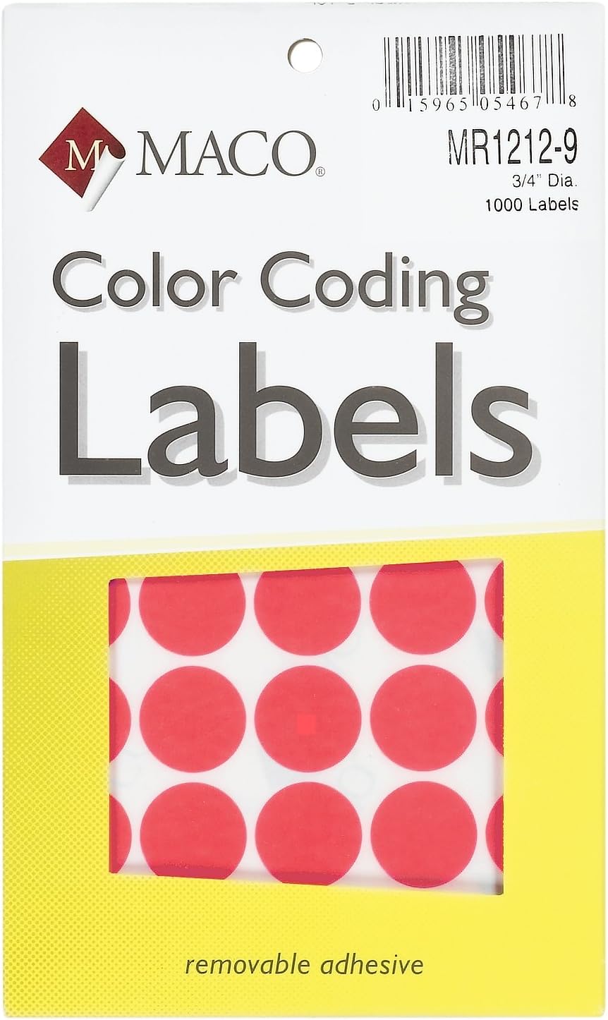 MACO Neon Red Round Color Coding Labels, 3/4 Inches in Diameter, 1000 Per Box