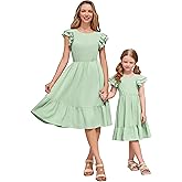 AWIBMK Mother Daughter Boho Dress Mommy and Me Summer Casual Holiday Flutter Sleeve V-Back Bowknot A-Line Dresses