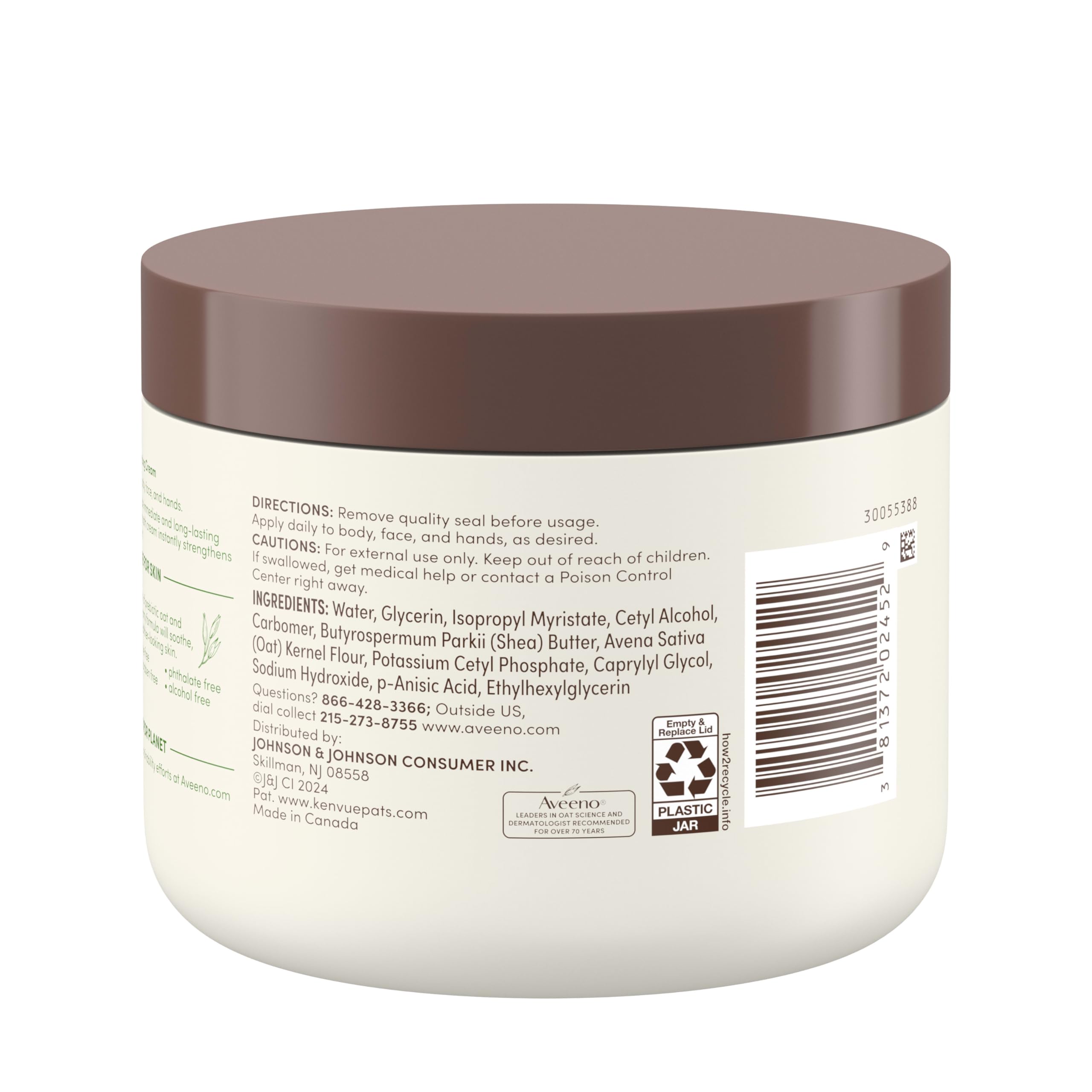 Aveeno Daily Moisturizing Cream with Prebiotic Oat & Shea Butter for Body, Face & Hands Moisturizer Cream, Hydrates Normal to Dry, Sensitive Skin, Fragrance Free, Non-Comedogenic, 20 oz