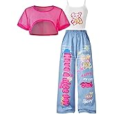 Floerns Girl's 3 Piece Summer Street Outfits Cartoon Camisole Wide Leg Denim Pants with Mesh Crop Tops