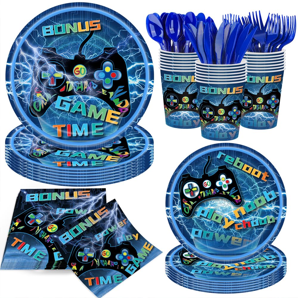 Photo 1 of 140 Pcs Video Game Birthday Decorations Gaming Birthday Party Supplies Disposable Paper Plates Napkins Cups Serve 20