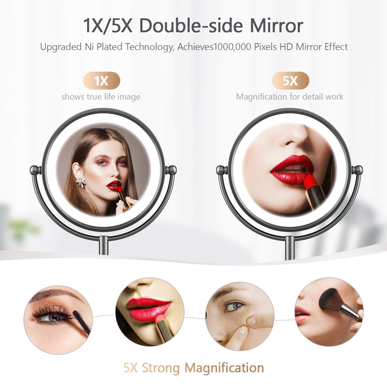 VESAUR Professional 10" [Large Tall Size] Lighted Makeup Mirror, 5X 2-Sided Magnifying Vanity Mirror with 48 Medical LED Lights, Senior Satin Nickel Cosmetic Mirror, Brightness Adjustable (0-1100Lux) : Beauty
