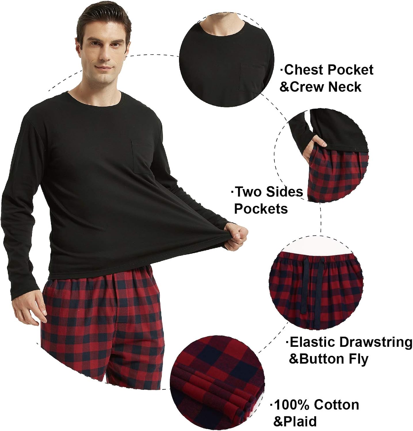Amaxer Men's 100% Cotton Pajama Set Plaid Pants Crewneck Top Long Sleeve Pjs Soft Warm Lounge Set 2 Pcs Great Gift at  Men’s Clothing store