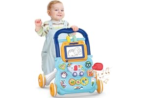 Pawtong Baby Learning Walker, Sit to Stand 2 in 1 Early Educational Child Activity Center, Multifunctional Play Panel with Drawing Board Baby Music Learning Toys Gift for Infant Boys Girls (Blue)